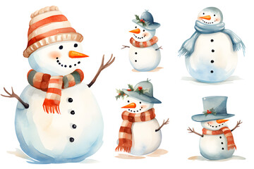 Snowman cartoon watercolor Illustration collection isolated on white. Cheerful snowmen in different costumes. Winter holidays set	