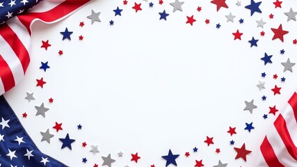 Obraz premium Independence Day celebration backdrop, features red, white, blue stars, American flags, versatile for festive marketing, copy space available, evokes patriotism, joy.
