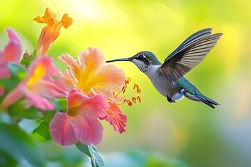 Naklejka premium Hummingbird in Flight, Nectar, Flowers, Yellow Green Blurred Background, Close Up, Wildlife Photography