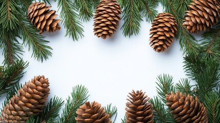 Naklejka premium top view of pine cones and branches on white background, Christmas and winter seasonal frame background