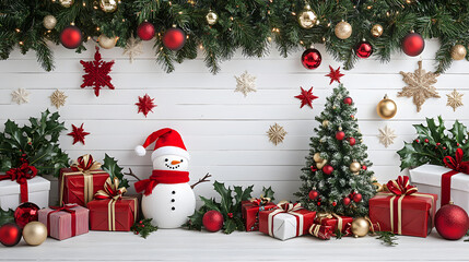 Christmas backdrop with white wooden wall decorated with a Christmas tree and snowman with red stars, gifts with copy space