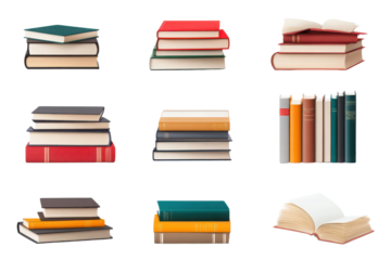 A collection of colorful and varied book designs stacked in multiple arrangements, perfect for education or library themes.