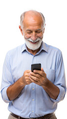 Elderly man using smartphone isolated on transparent background