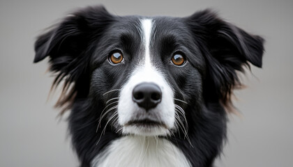 Close-up of a black and white dog with expressive eyes, captured against a blurred grey background.