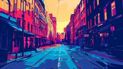 Obraz premium A Colorful Perspective of a City Street with Tram Tracks