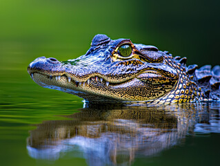 Close-up of a crocodile head peeking out of water with vibrant colors and detailed scales, showcasing the reptile in its natural habitat.