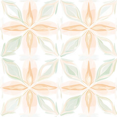 Fototapeta premium Beige and green seamless pattern with stylized floral and leaf motifs arranged in a symmetrical design, evoking a calm and natural feel.