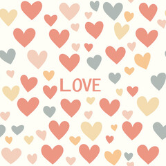 Seamless pattern of coral, grey, and yellow hearts on a cream background with the word 'LOVE' in the center, conveying a cheerful and romantic theme.