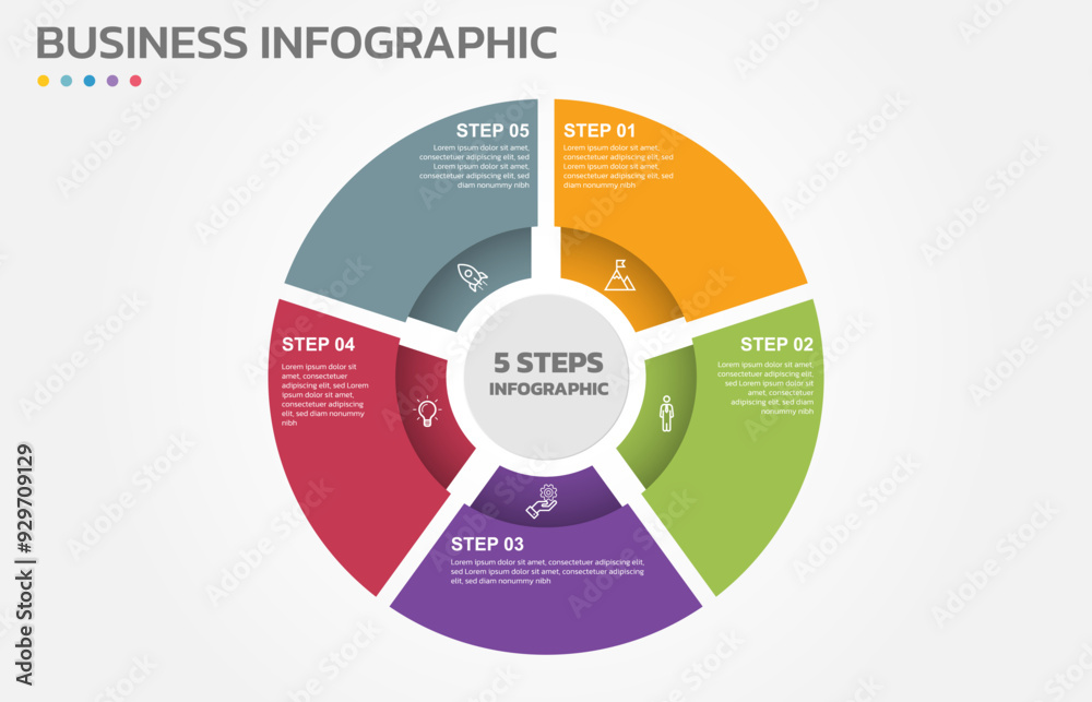 Fototapete Visual data presentation. Cycle diagram with 5 options. Pie Chart Circle infographic template with 5 steps, options, parts, segments. Business concept. Editable pie chart with sectors. Single layer.
