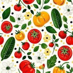 Fototapeta premium Colorful Tomatoes, Green Leaves, and Daisies on White Background