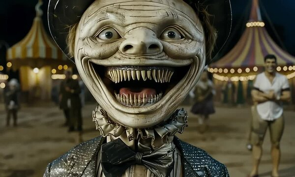 A creepy character with a wide grin and exaggerated features, dressed in a formal outfit, stands in a circus-like setting, evoking a sense of unease and curiosity.