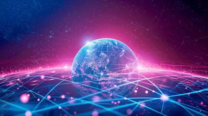 Obraz premium A Digital Network Surrounding the Earth with a Pink and Blue Background