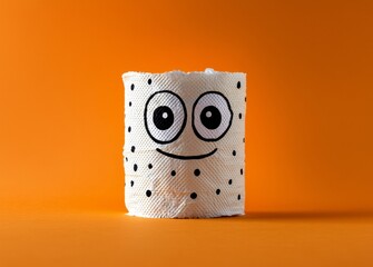 The image shows a single roll of toilet paper against an orange background with cartoon eyes and a mouth drawn on it to give it a face and expression.