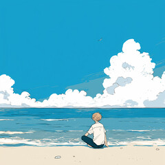 a boy sitting at the beach