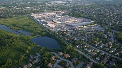 Aerial view of a suburban area with industrial buildings and a lake.
