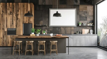 3D Render of a Farmhouse Kitchen Interior Featuring a Mock Up Poster Frame