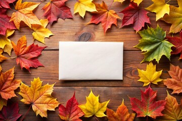 Obraz premium A white envelope is placed in the center of a pile of autumn leaves