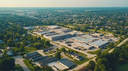 Fototapeta premium Aerial view of an industrial area surrounded by residential neighborhoods.