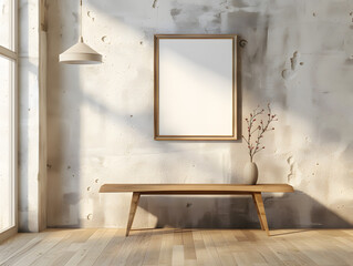 Fototapeta premium Blank frame on the wall of home or office interior. Neural network AI generated art