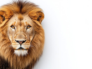 Fototapeta premium Close-up of a majestic lion with a lush mane against a white background, portraying strength and beauty in nature.
