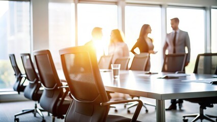 Blurry Office Meeting Setup - Soft-focus background of an office meeting setup with chairs and tables.
