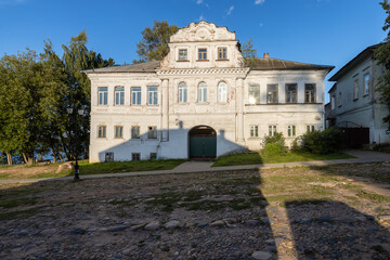 Obraz premium Historic Ryzhkov Merchant House in Kalyazin, Russia, a preserved 19th-century building with classic architectural details