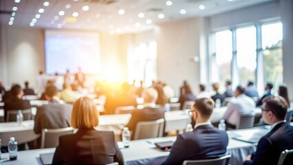 Blurry Conference Hall - Soft-focus image of a conference hall with people and office decor.
