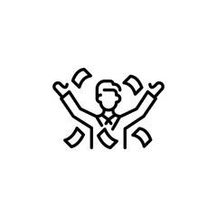 Successful businessman icon. Line illustration depicting a person in a suit joyfully raising their arms with money bills floating around. Perfect for social media, app, web design. Vector illustration