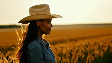 A middle-aged African American female farmer in her wheat field. A dedicated farmer stands proudly amidst golden wheat, the sun casting a warm glow over her hardworking hands and rugged attire.