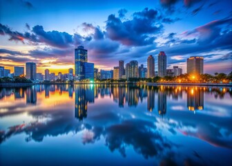 Fototapeta premium Serene Cityscape Reflections: Calm, Watery Reflections, Twilight, City Panorama, Azure Hues