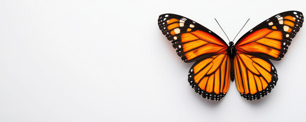 Close-up of a vibrant monarch butterfly with open wings against a white background, showcasing its intricate patterns and colors.