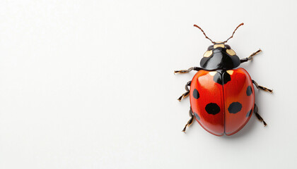 Close-up of a vibrant red ladybug with black spots on a plain white background, showcasing its detailed features and simplicity.