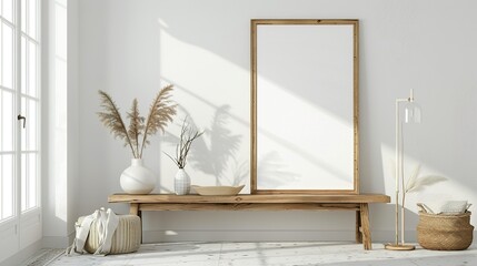 White Room Mock Up Frame with Natural Wooden Table and Decor in a 3D Interior Design Rendering