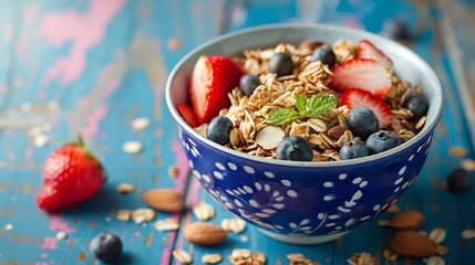 A rustic violet table shows an adequate meal bowl filled with cereal fruit almonds