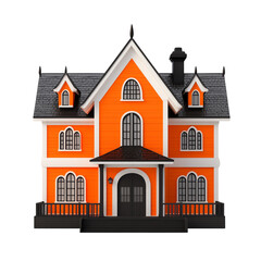 Naklejka premium A vibrant orange house with charming architecture, featuring large windows and a gabled roof, perfect for home design concepts.