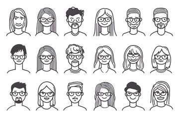 Black cartoon hand drawn characters for avatar collection isolated on white background. Simple shapes and lines people for mobile game or app interface