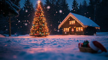 Fototapeta premium A Christmas tree decorated with colorful lights and decorations Snow falling gently on the ground and roof of a house