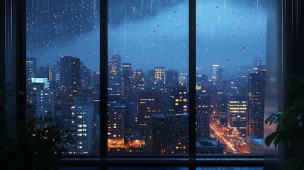 Night cityscape view from a window with rain drops.