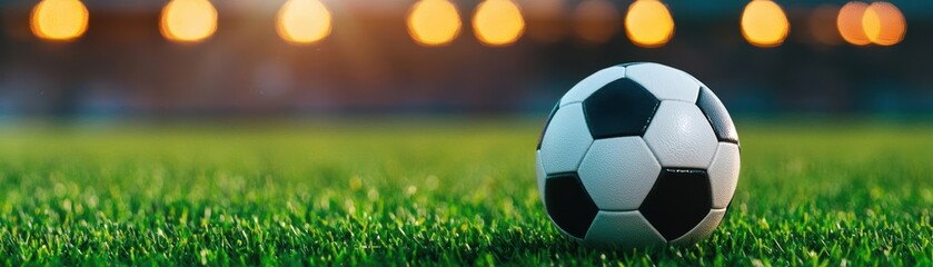 Fototapeta premium A closeup of a classic black and white soccer ball resting on freshly trimmed green grass, with stadium lights glowing in the background iconic and vibrant