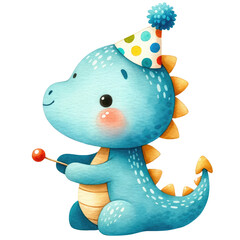 Adorable cartoon baby dinosaur in a party hat holding a lollipop, perfect for children's birthday invitations and decorations.