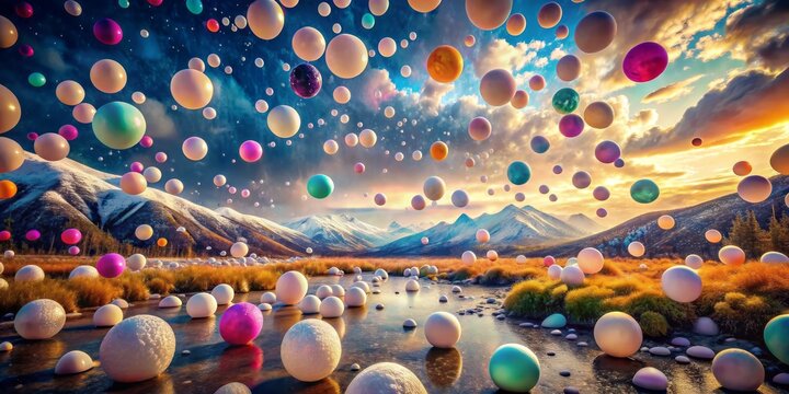 surreal dreamlike landscape with hailstones floating in mid-air, vibrant colors, and abstract shapes, shot in multiple exposures, with whimsical concept