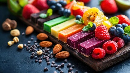Rainbow fruit and nut bar with healthy ingredients like almonds, berries and fruit.