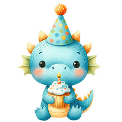 Cute blue dragon in a party hat holding a birthday cupcake with a candle. Perfect for children's celebrations and fantasy themes.