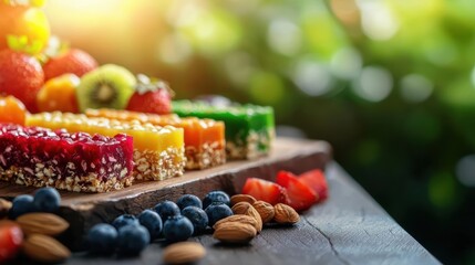 Colorful fruit dessert with nuts and berries on wooden table.