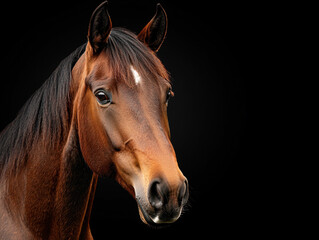 Close-up portrait of a beautiful brown horse with a black background, showcasing its elegance and grace.