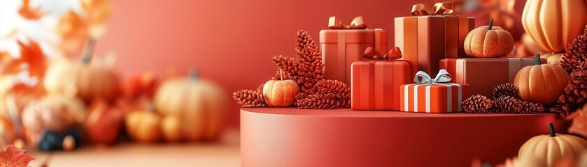 Obraz premium Autumn scene with vibrant pumpkins and colorful gifts, perfect for festive celebrations and seasonal decorations.