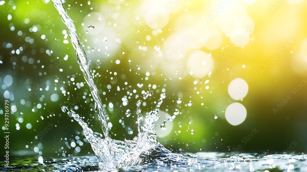 Sticker Water falling from the sky, water droplets in closeup on a green background with sunlight. A water fountain with a natural spring stream or river.