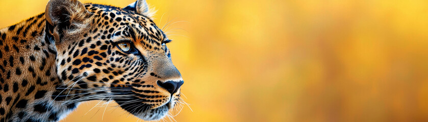 Obraz premium Close-up portrait of a leopard against a blurred golden background, highlighting its beautiful spotted fur and piercing gaze.