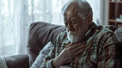 An elderly man appears distressed, holding his chest, possibly indicating a health issue.