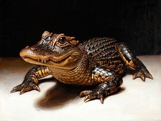 Fototapeta premium Close-up shot of a small alligator resting on a light surface, showcasing detailed scales and texture with a dark background.